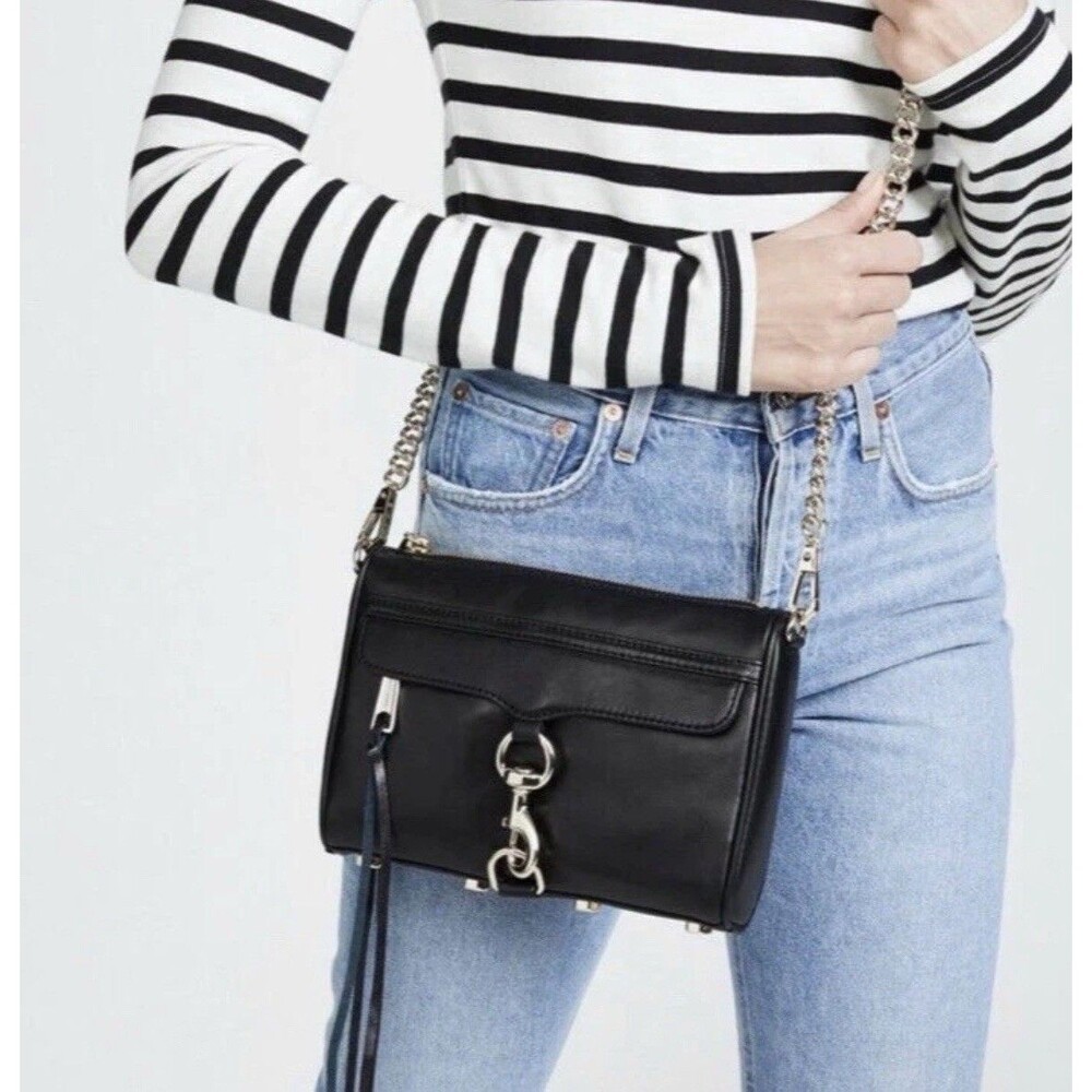 Rebecca Minkoff Black Leather Crossbody Handbag Purse Mini MAC Gold Tone Chain